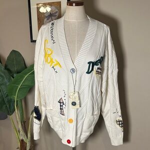 Ebossy Embroidered Cream Varsity Cardigan with Colorful Buttons